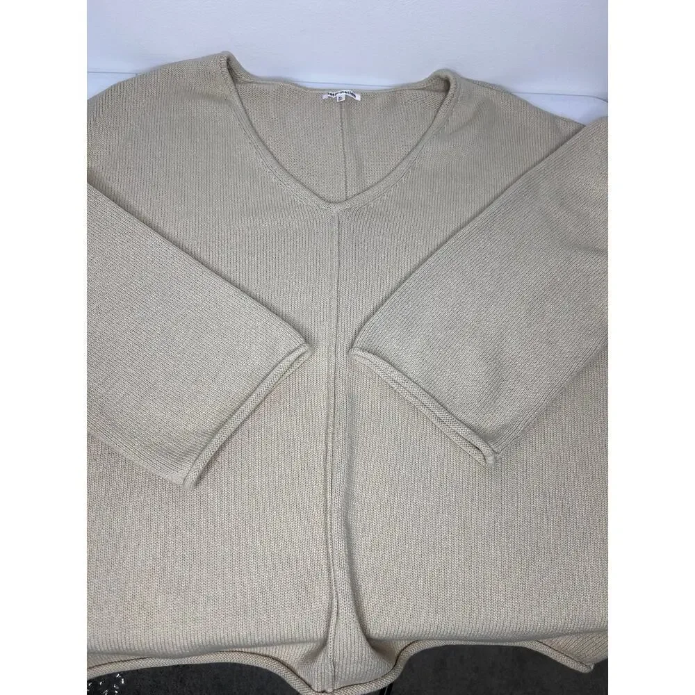Reformation V Neck Sweater XL Beige Bell Sleeve Rolled Hem Neutral Cotton